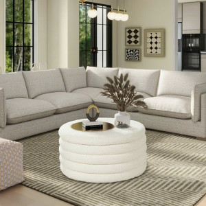 88003015 : Bàn Sofa, Ottoman Hình Tròn - Trắng Dove